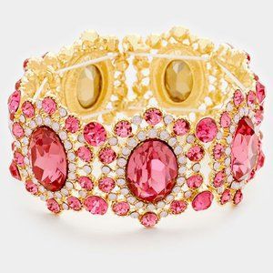 Gold Fuchsia Pink Crystal Stretch Bracelet
